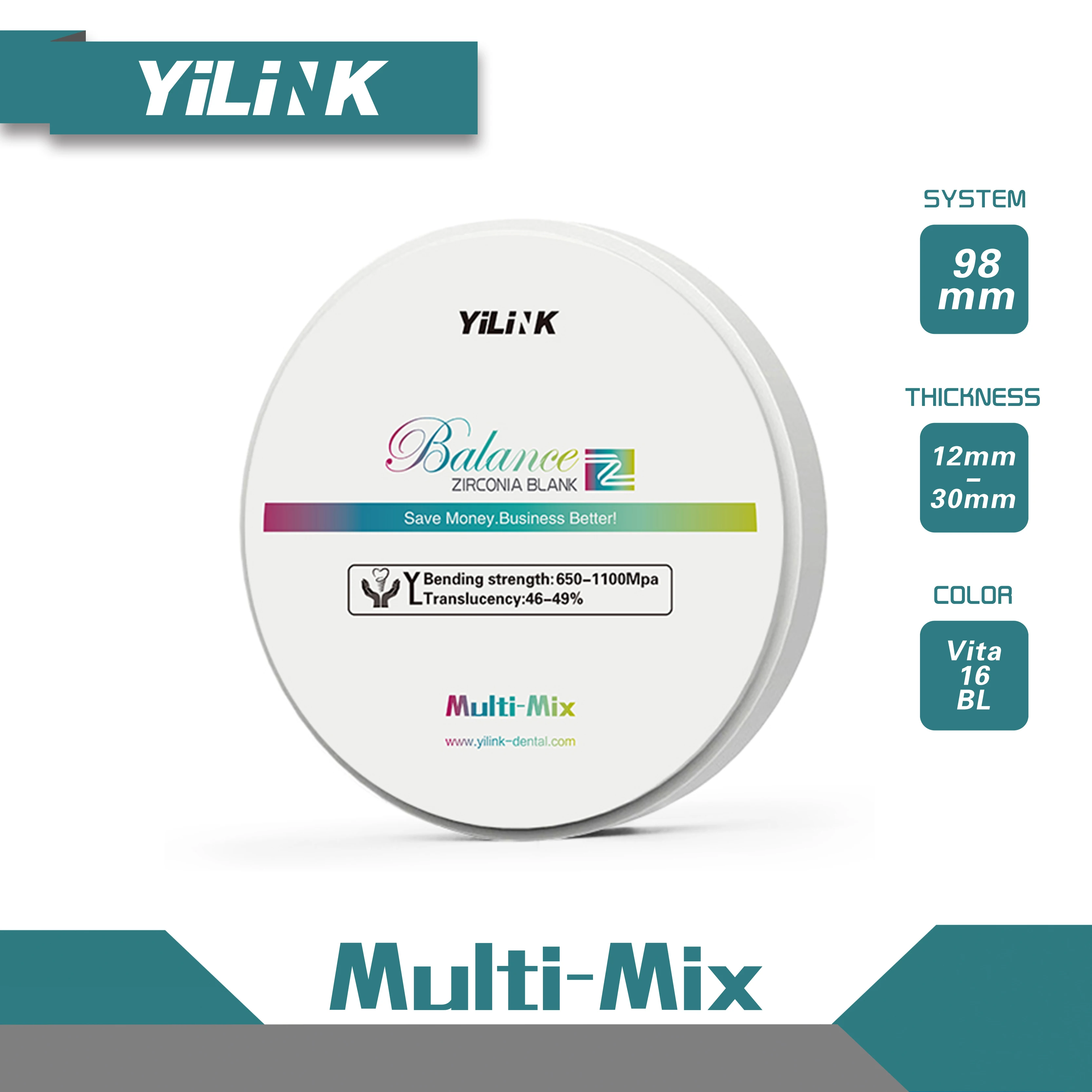 Yilink Dental Multi-Mix Zirconia Block Open System 98mm Thickness 25mm for VHF Wieland Roland CAD/CAM Milling Machine