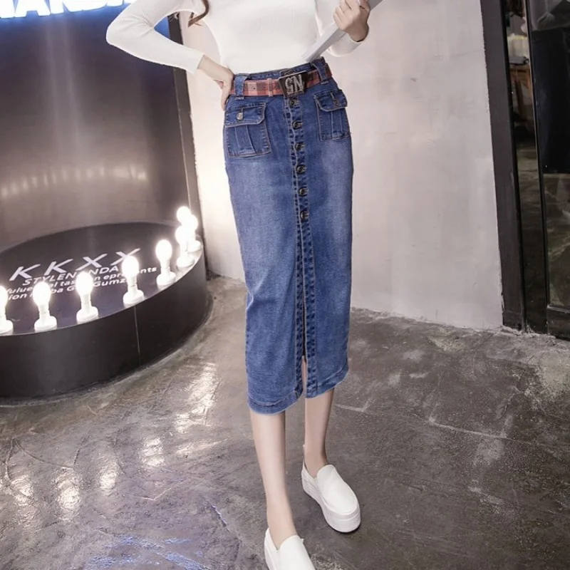 

Waist High Mid Calf Long Women Denim Skirt Stretch Bodycon Slim Fit Single Breasted Jeans Skirts Female Casual Pocket Wrap Skirt