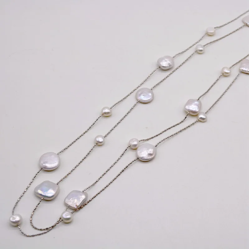 Women Long Necklace White Natural Freshwater Pearl Design Necklace Baroque Pearl Double Layer Sweater Necklace Luxury Jewelry
