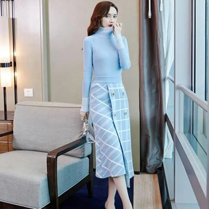 YUZACDWX Runway Designer Women Sweater Skirt 2Pcs Set 2019 Autumn Winter High Neck Knit Top+Plaid Skirt Suit Set Lady Twinset