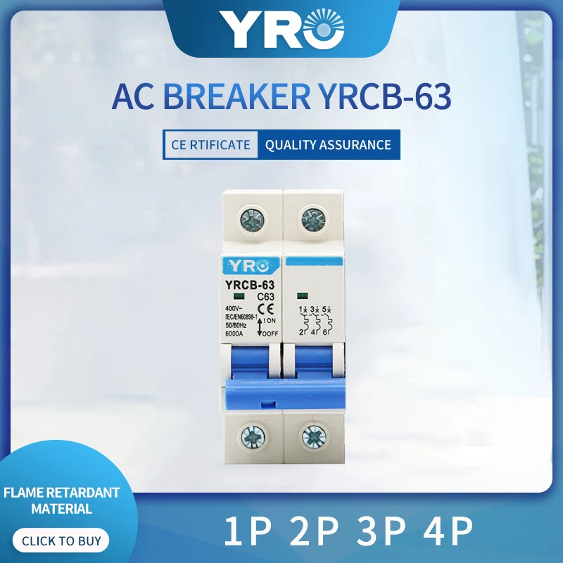 2P AC 400V Mini Circuit breaker MCB 6A 10A 16A 20A 25A 32A 40A 50A 63A Circuit Protector YRCB-63