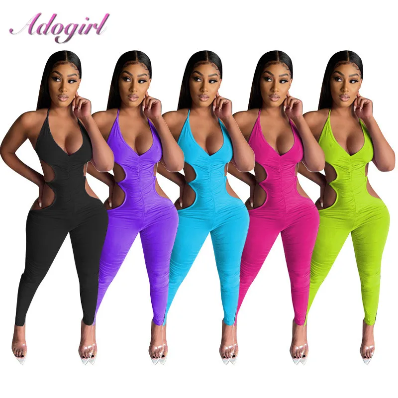 Sexy Sloid Halter Lace Up Hollow Out Bandage Party Club Pleated Jumpsuit Women Summer Backless V Neck Outfit Rompers Overalls