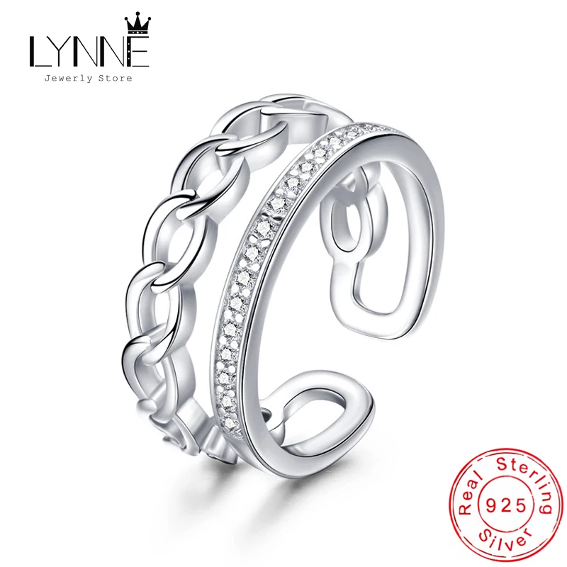 

Fashion Creative Link Chain Features Double Layers Rings 925 Sterling Silver Rhinestone Resizable Ring Women Trend Party Jewelry