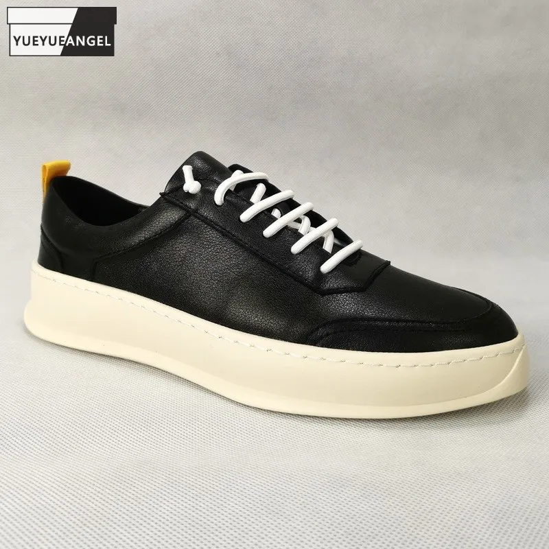 Thick Bottom Genuine Leather Platform Shoes Mens Footwear Trainers Sneakers Elastic Band Round Toe Casual Sneaker 45