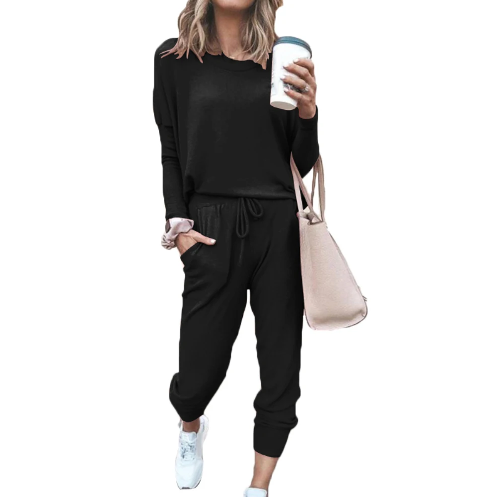 Women Solid Color Long Sleeve O Neck Blouse Top Drawstring Pants Sport Tracksuit Sports shirts autumn winter set Tracksuit Women