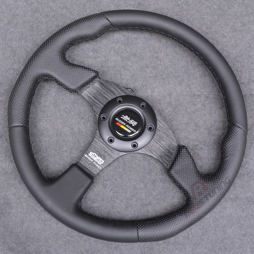 Black/Red Stitching Universal Flat JDM Mugen Style 350mm 14inches Car Racing Sport Steering Wheel With Horn Button