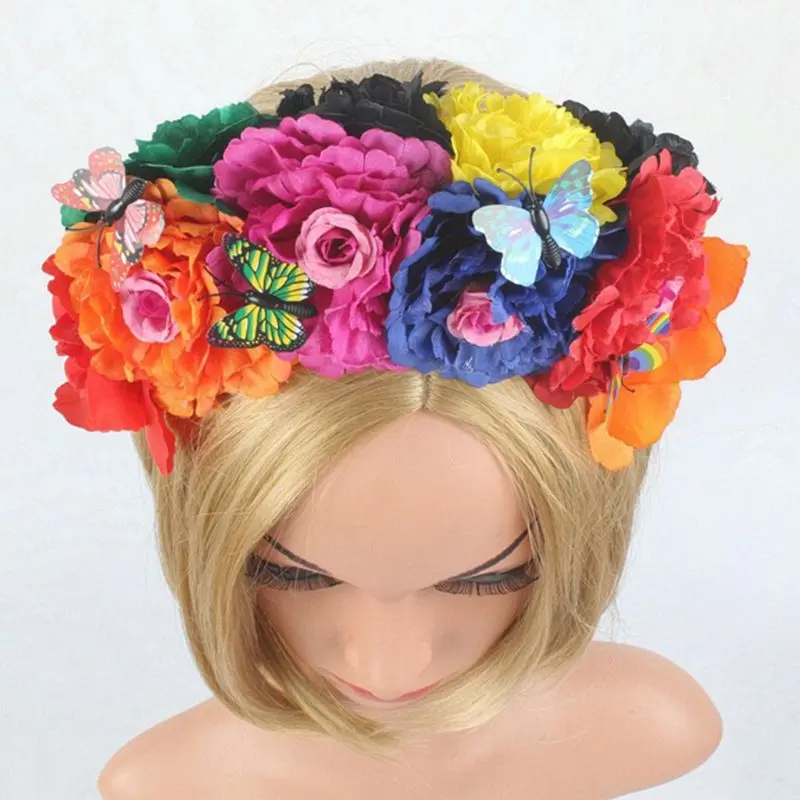 Halloween Simulation Colorful Peony Flower Headband Fairy Butterfly Mexican Crown Cosplay Day of The Dead Headpiece