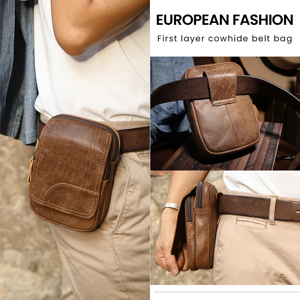 JOYIR-riñonera de cuero genuino para hombre, bolso de cintura informal de piel de vaca, Vintage, para cigarrillos