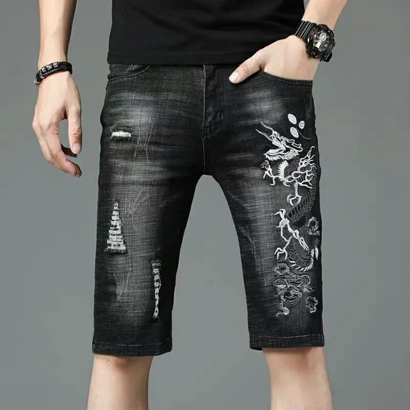 

Free Shipping New 2020 men's male American jeans summer hole black embroidered denim shorts personality trend 1/2 pants