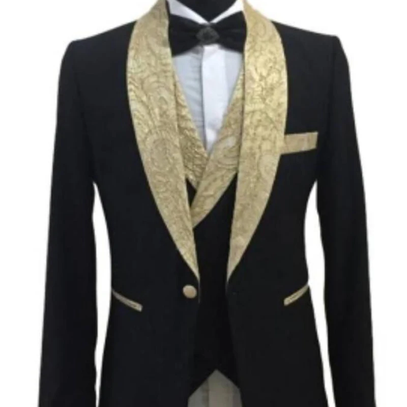 3 piece Prom Men Suits with Gold Floral Shawl Lapel Black Wedding Tuxedo Male Fashion Costume Jacket Waistcoat Pants New Arrival