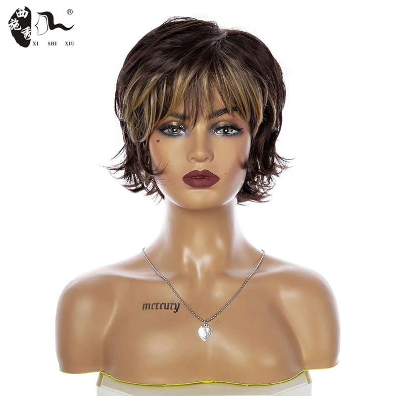 Short Blonde Hair Natural Wave Layered Hair Pixie Cut Synthetic Wigs With Fluffy Bangs For Women Heat Resistant Fiber Daily Wigs