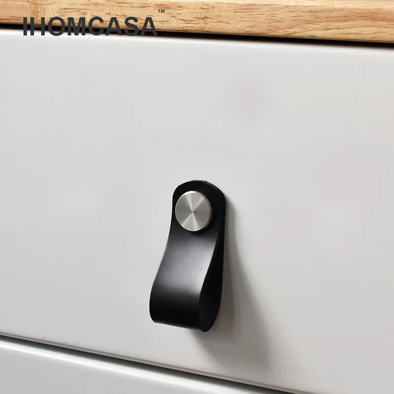 IHOMCASA Black Leather Furniture Handles Wardrobe Drawer Door Pull For Cupboard Gold Brass Shoe Cabinet Knobs Kitchen Hardware