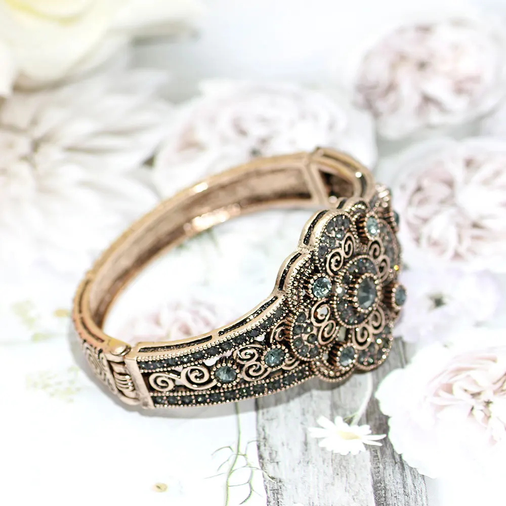 Sunspicems Vintage Gray Rhinestone Turkish Bangle Flower Cuff Bracelet For Women Antique Gold Color Arabic Bride Wedding Jewelry