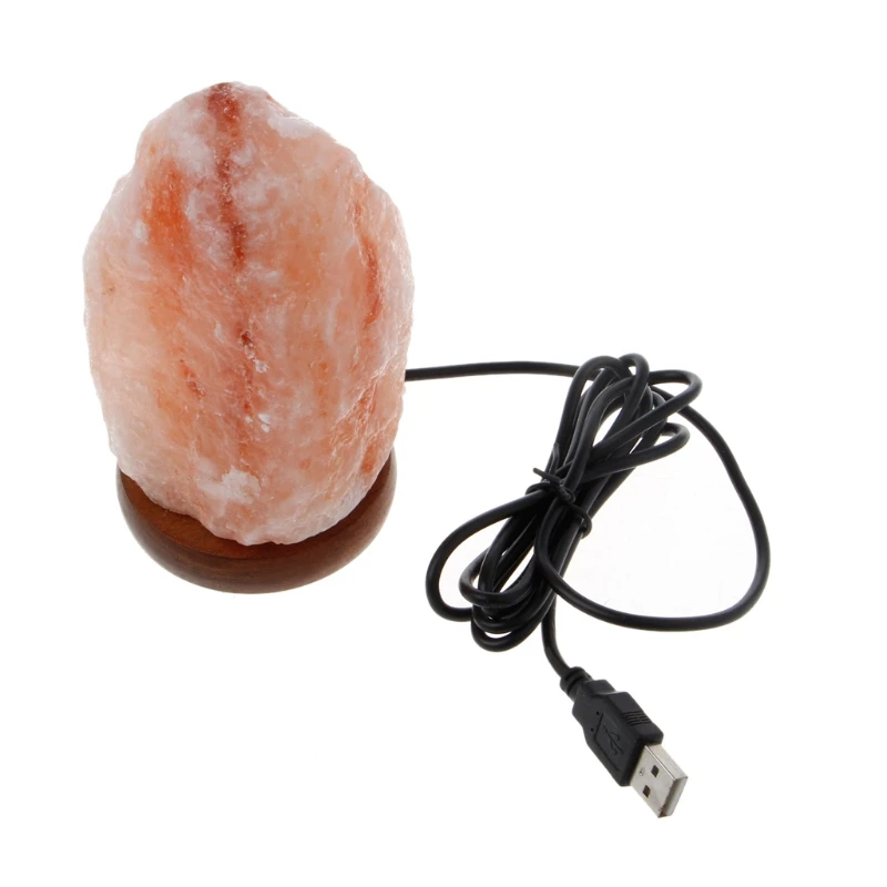 USB Salt Lamp Natural Hand Carved Wooden Base Crystal Rock Colors Changing Night Light