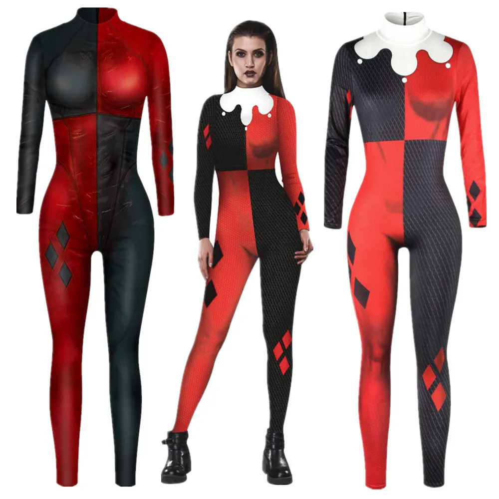 Harleen quinzel super-herói macacão catsuit sexy feminino cosplay trajes de halloween bodysuit