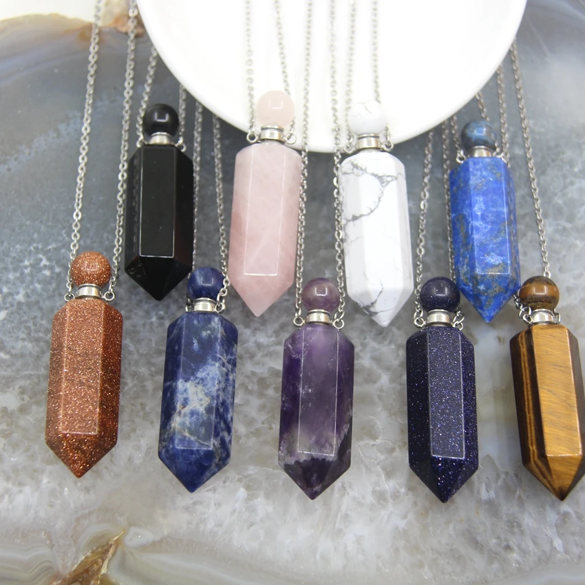 

Plated Silvers Necklace Chains Natural Gems stone Hexagon Prism Perfume Bottle Pendants,Essential Oil Diffuser Vial Point Charms