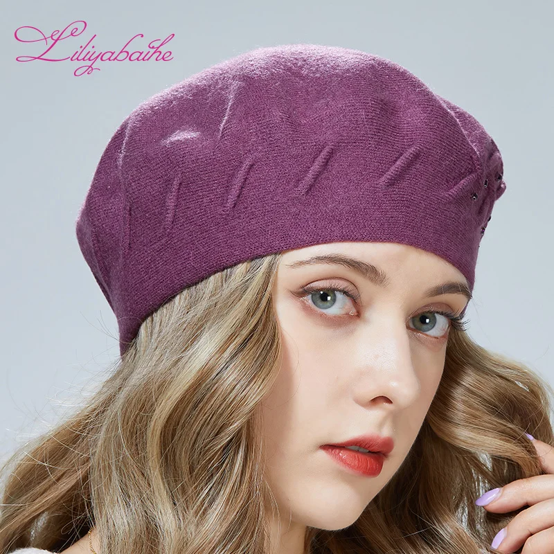 Liliyabaihe women winter hat Wool knit berets High-end diamonds of the same color decoration Popular folds fashion lady hat
