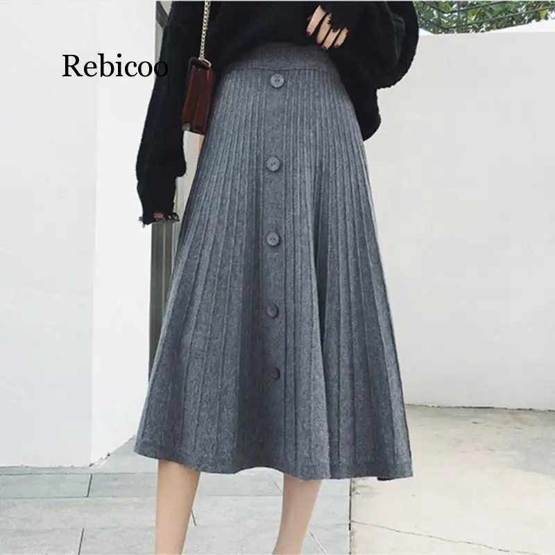 

Single-breasted knitted long pleated skirt A-line high waist midi skirt female autumn winter Casual women bottom