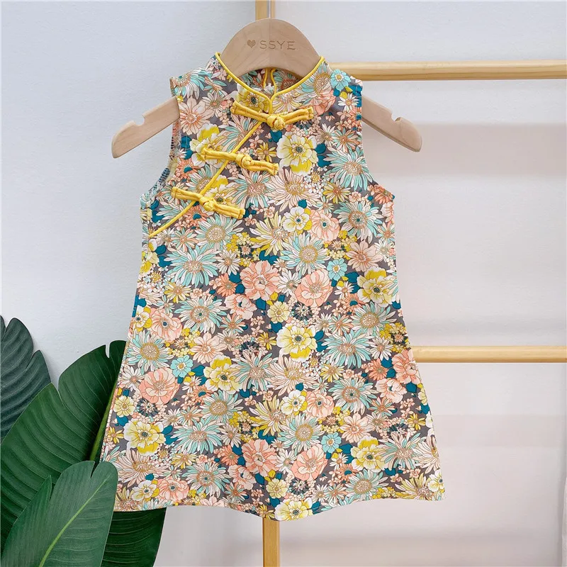 

Cute Chinese Traditional Froal Print Cheongsam For Girls Sleeveless A-line Dress Chinese Knot Summer Kids