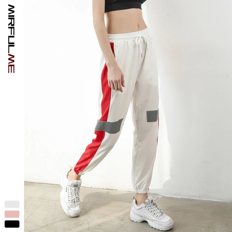 Women Jogger Pant Hit Color Wide Leg Sport Yoga Night Running Trouser Loose Reflective Sweatpants Gym Workout Jogging Harem Pant