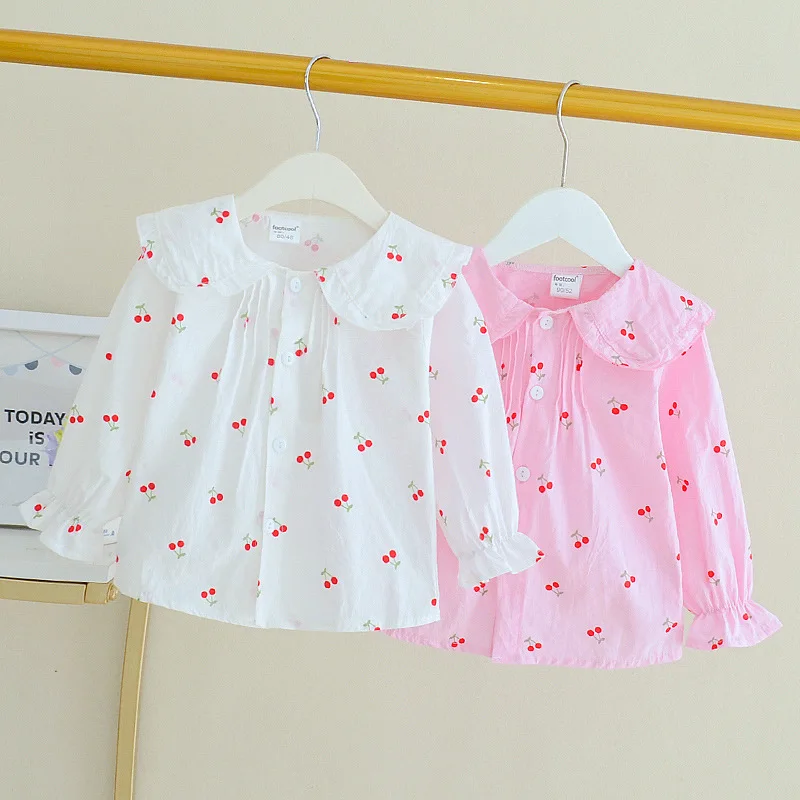 F Girls Blouses Clothes Baby Spring Shirts Toddler Infant Cherry Print Tees Tops 1 2 3 4 Years Kids Cotton Shirt