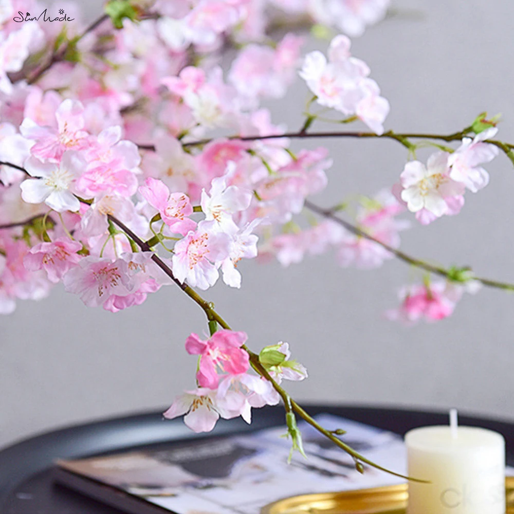 SunMade 4-Fork Cherry Blossom Long Branch Silk Artificial Flowers Pink White Flower Home Wedding Garden Decor Flores Artificales