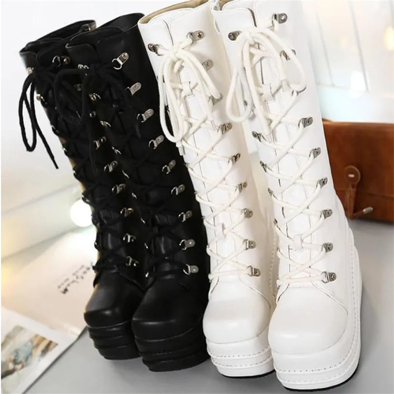 Big Size 34-43 Womens Fashion Punk Style White/Black Cosplay Boots Square Toe Wedges Platform Boots Leather Long Boots