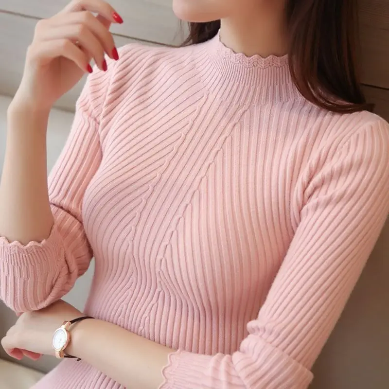 Turtleneck Sweater Women Fashion 2021 New Stretch Tops Women Candy Color Knitted Pullovers Long Sleeve Bottoming Knitted Sweater