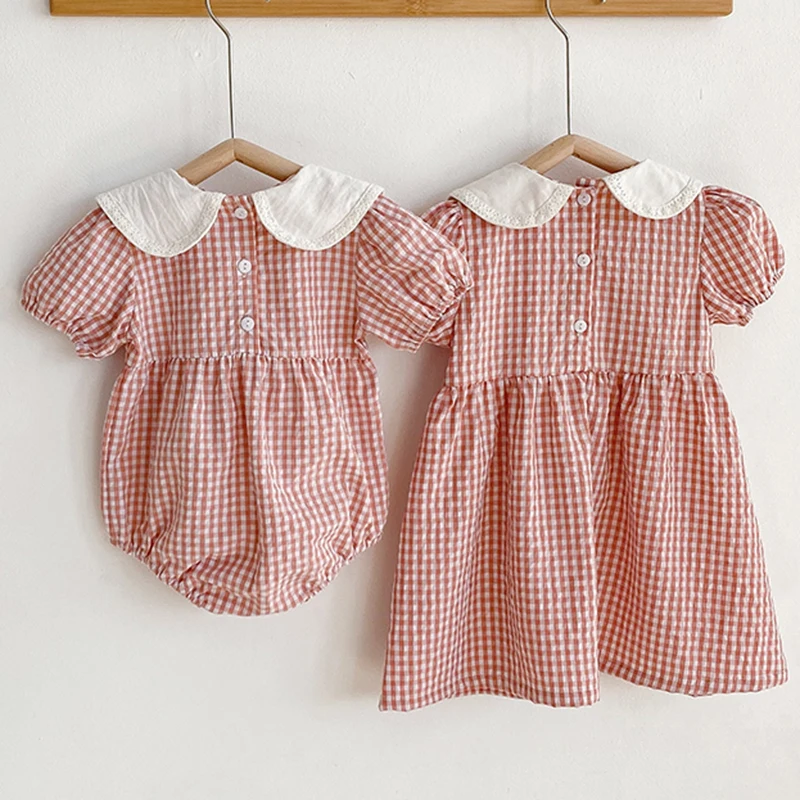 Toddler Baby Girls Grid Embroidery Dresses Summer Girl Baby Romper Infant Children Cotton Short Sleeve One-piece Romper