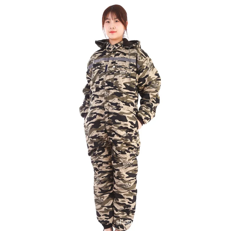 Women Winter Insulated Coveralls Warm Cotton Padded Hooded Work Overalls Thicken Cold Storage Jumpsuit Coats Long Sleeve