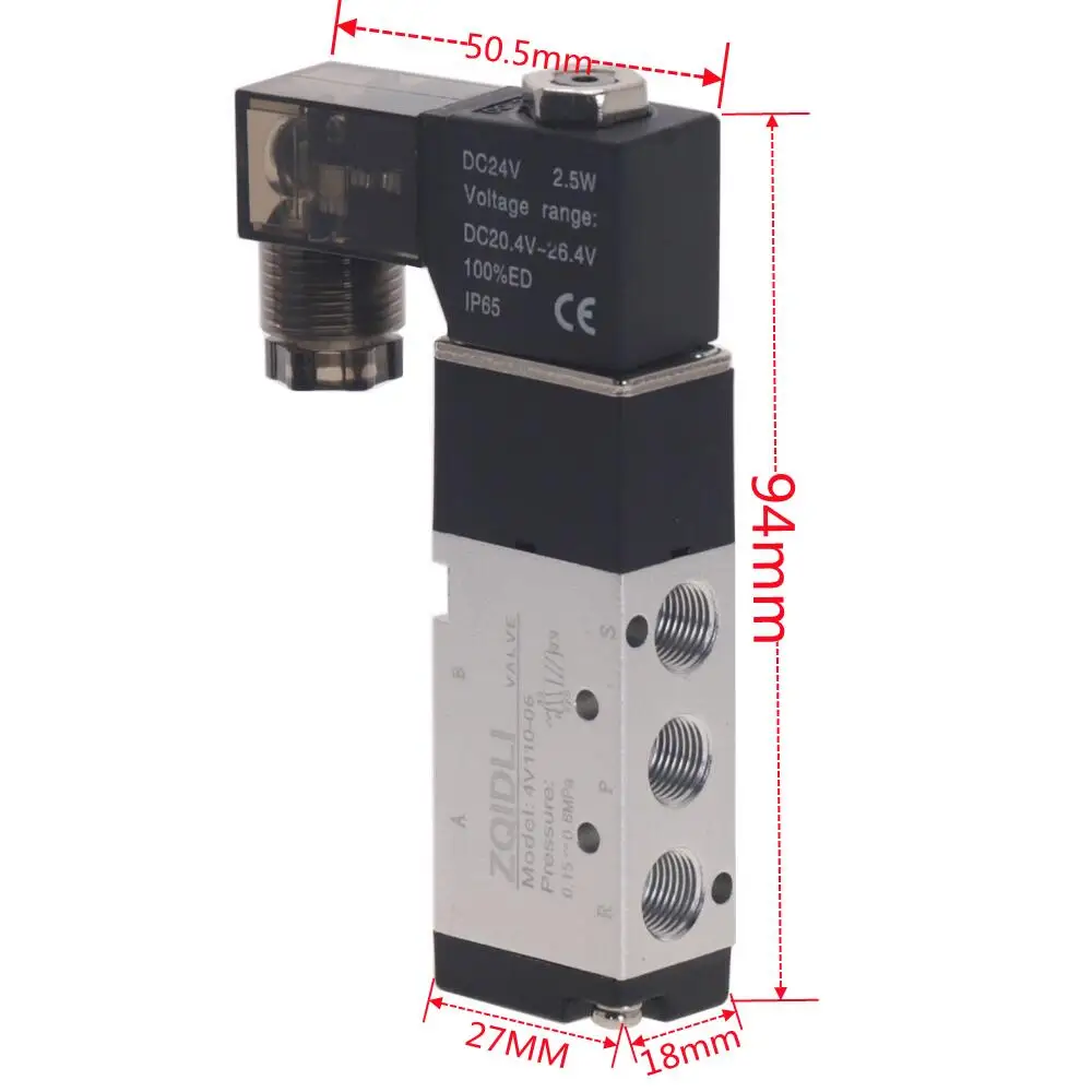 솔레노이드 공압 밸브, 5 방향 포트, 2 위치 공기 압축기, 12V, 24V, 110V, 220V, 4V110-06