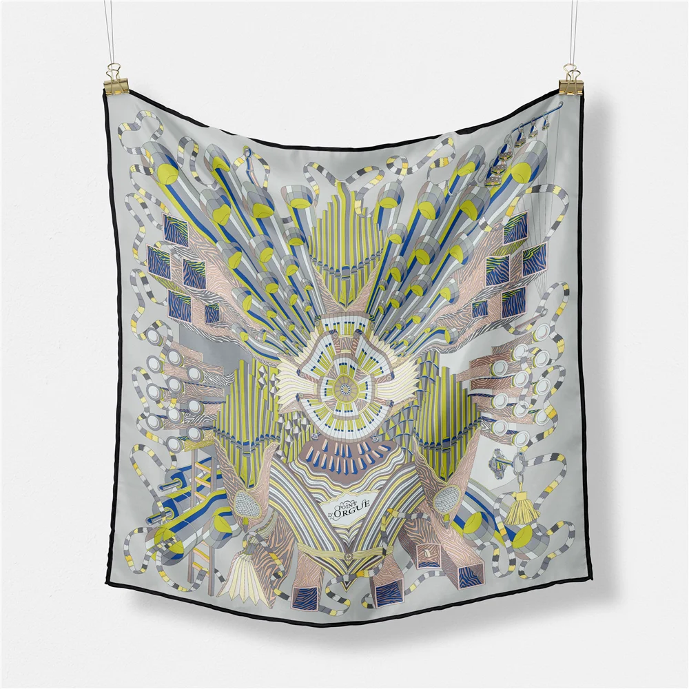 Twill Silk Scarf Woman Geometric Painting Square Scarves Wraps Bandana Small Hijab Silk Foulards Tie Headband Neckerchief 53CM