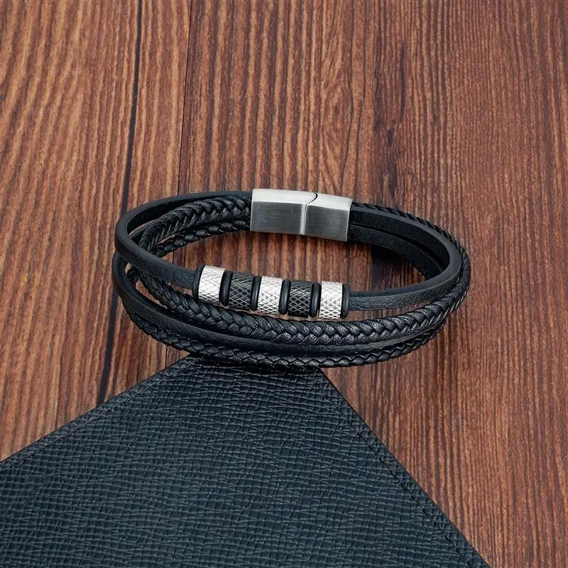 Luxury Stainless Steel Beaded Bracelet Fashion Men\'s Jewelry Classic Multilayer Braided Leather Bracelet Homme New Year Men Gift