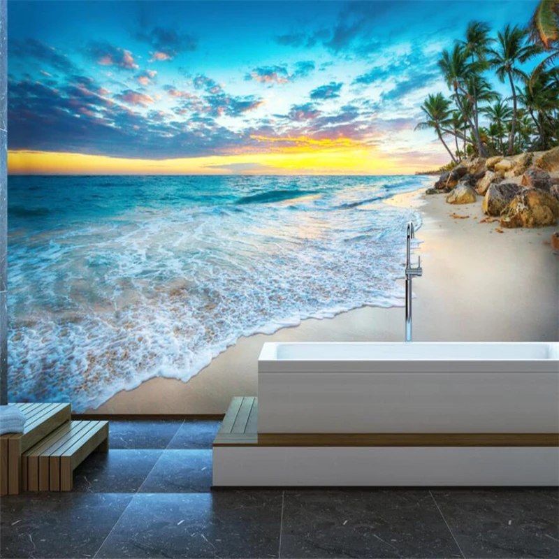 

Bacal Customize HD Beach Seascape Landscape Illustration mural Wall Large Mural Green 3D Wallpaper papel de parede para quarto