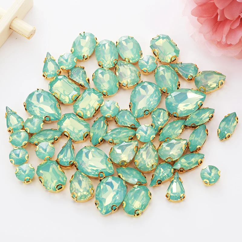 Gold Claw Green Opal Rhinestones With Holes 50pcs Mixed Shape Resin Sew on Rhinestone For Decoration Diy Craft Accessories