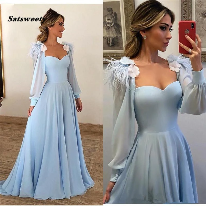 

Elegant Light Blue Feather Evening Dress A Line Long Sleeves Plus Size Floor Length Evening Gown robe de soiree abendkleide