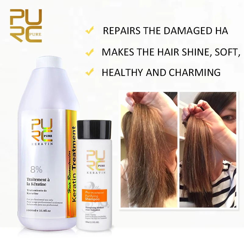 PURC 1000ml Set Keratin Treatment Hair Straighten Purifying Shampoo Smooth Curly Frizzy For Hair Care Brazilian Keratin Products