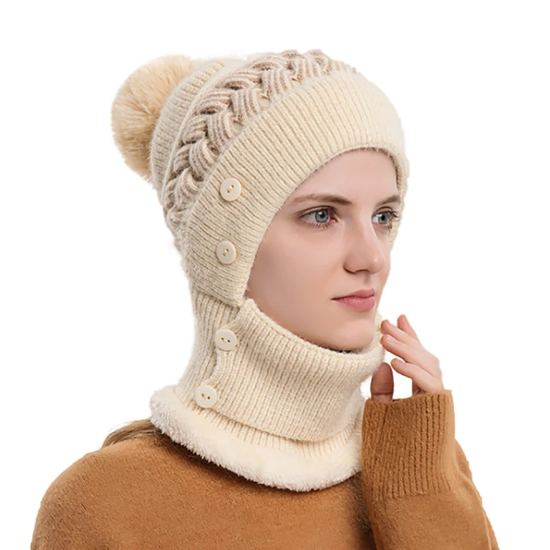 2022 New fashion Women's Winter Warm Rabbit fur HatsTogether With Scarf Female Ear Protector Knit Skullies Beanies Hat