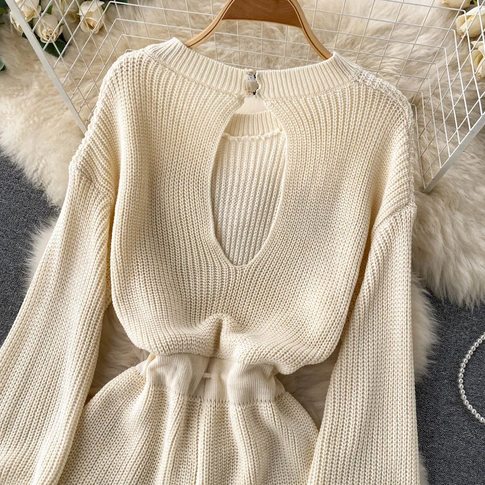 Women Knitted Playsuits Fashion Streetwear O-neck Long Sleeve Drawstring Lace-up Back Hole Casual Loose Short Jumpsuit Overalls