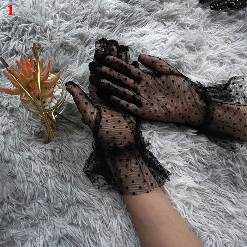 Summer Transparent Dot Print Mesh Tulle Gloves Women Short Gauze Ultra Thin Sexy Lace Glove Club Prom Party Dancing Dress mitten