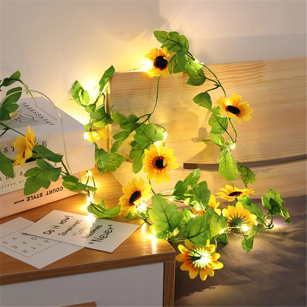 Guirnalda de luces de girasol artificiales, guirnalda de plantas de hoja verde para decoración de bodas, con batería, 2M, 20led