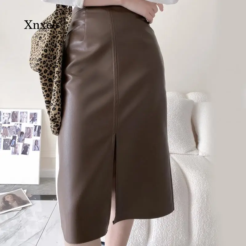 Spring Straight Pu Leather Skirt Autumn Long Brown High Waisted Bottoms Women Front Slit Skirts Women Korean Fashion Bodycon