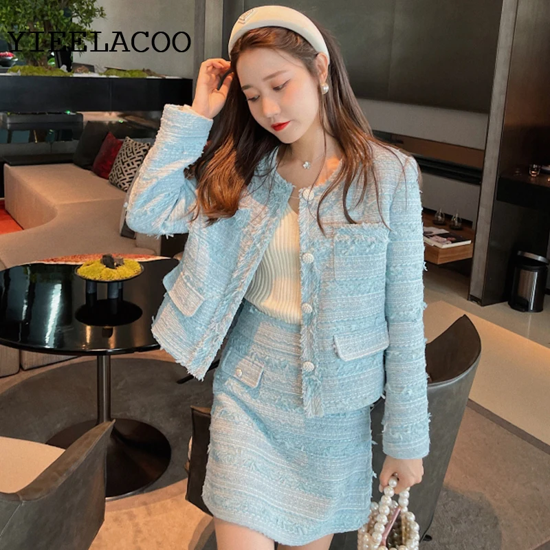 Professional suit autumn/winter new long-sleeved tassel ladies Tweed jacket + skirt suit female fashion 2-piece set