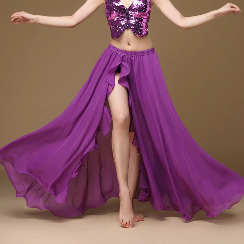 2019 New Performance Belly Dance Clothing Long Maxi Skirts Side Slit Bellydance Skirt Sheer Chiffon with Ruffles