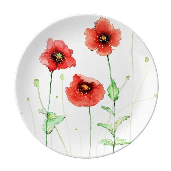 Corn Poppy Red Flower Watercolour Dessert Plate Decorative Porcelain 8 inch Dinner Home