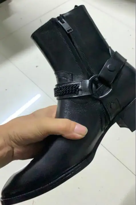 2021 NewestReal Leather Black Trainers big size 45 46 Men Chelsea Boots Chains sexyLow Buckle Heels Ankle Boots shoes man zipper