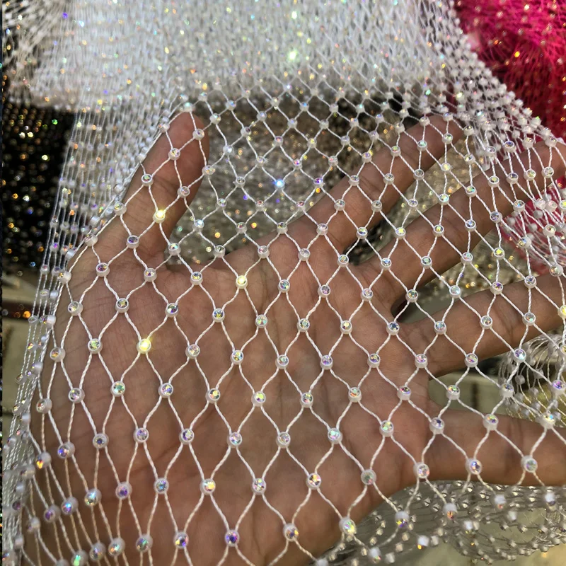 

1 meter Fishing Net Line Stone Crystal Rhinestone Connection Net Fabric 2021 Ins Hot Designer white for DIY Dress Decor