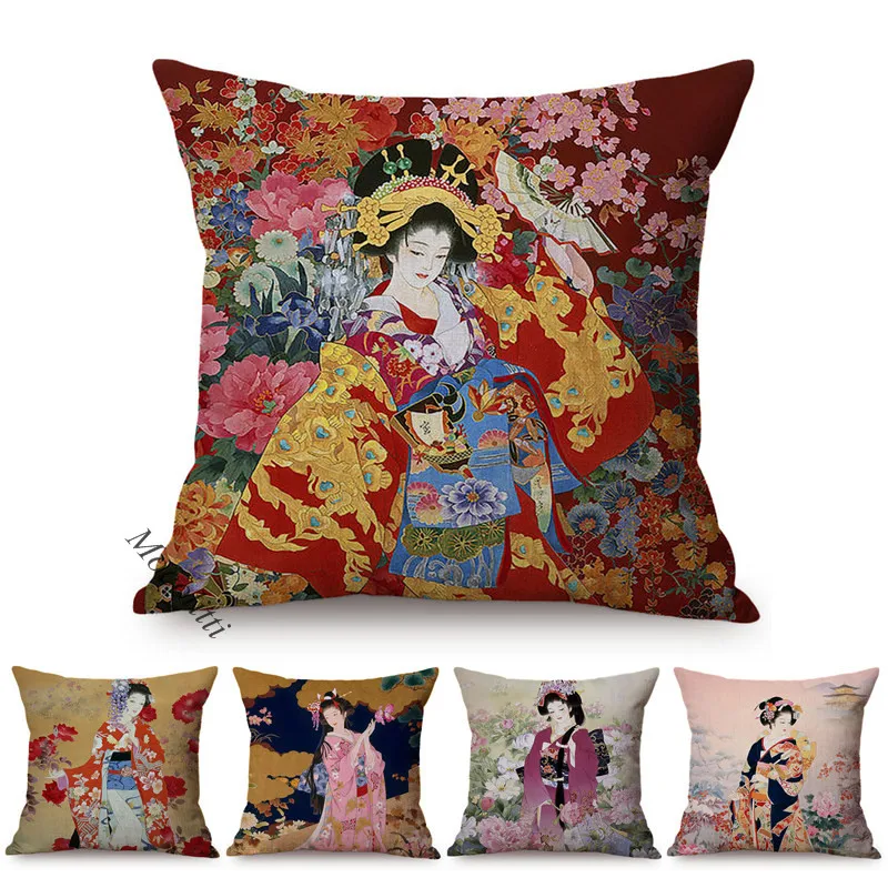 

Beautiful Japan Ethnic Tradition Woman Portrait Cushion Cover Vintage Water Color Art Decoration Sofa Throw Pillow Cover Cojines