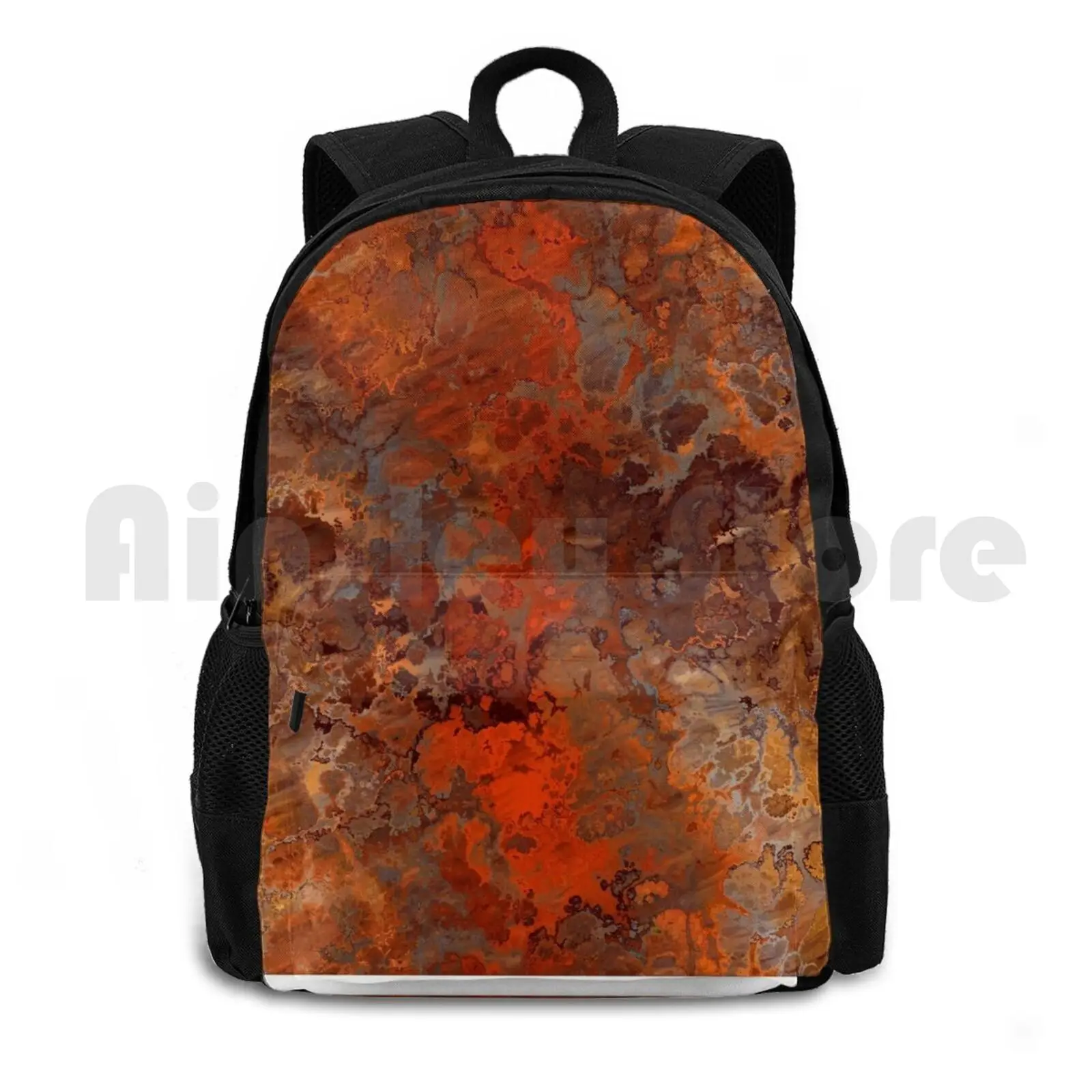 Gold And Rust Outdoor Hiking Backpack Riding Climbing Sports Bag Gold Rust Copper Abstract Metal Pour Painting