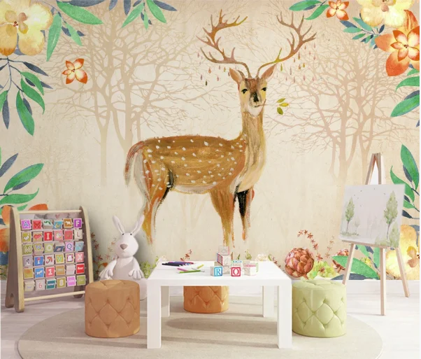 

Animal ELK Deer Flower Wall Mural Wallpaper Roll Carton Murals Contact Paper 3D Girls Baby Bedroom Art Painting